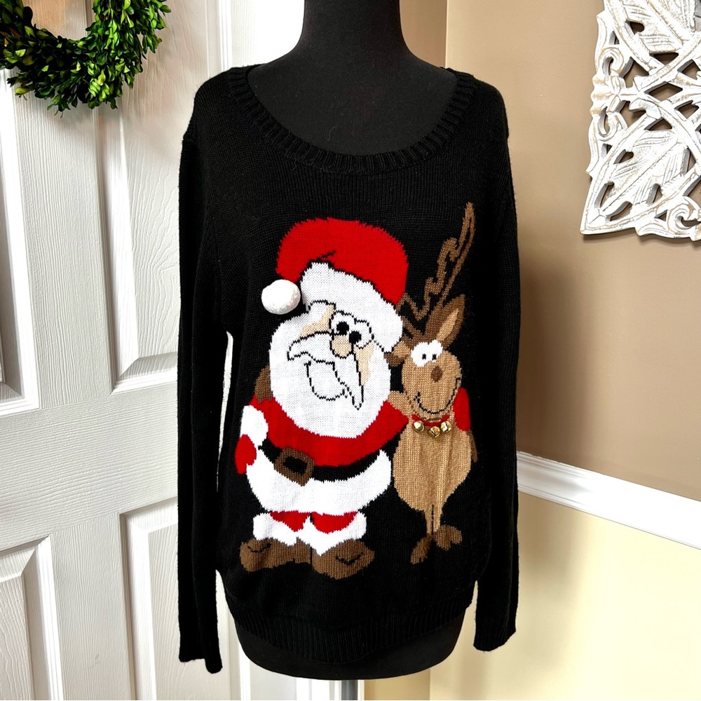 ⭐️ Ugly Christmas Sweater Santa and Reindeer Scoop Neck size LARGE